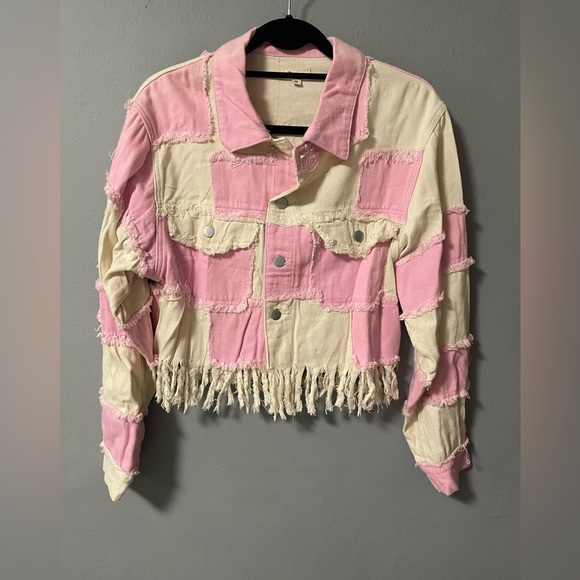 NWOT POL Checkered Distressed Cotton Jean Jacket with Fringe Details. Small - Picture 1 of 7